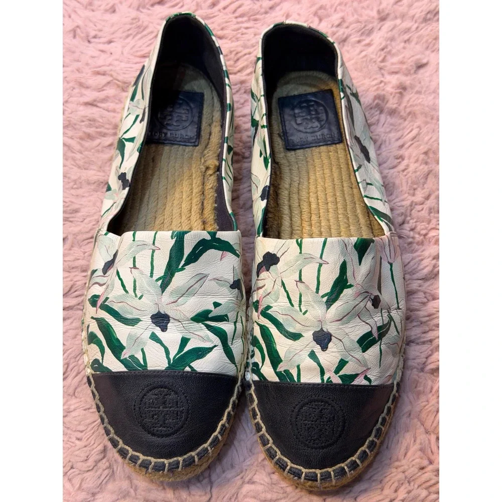 Tory Burch Floral‎ Leather Espadrilles Black Cap Toe Logo Flats Cream Green